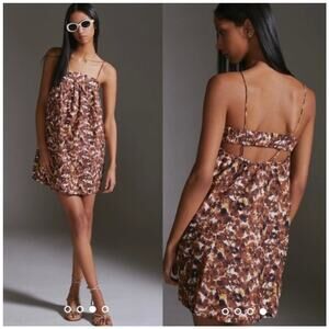 Anthropologie Lauren Babydoll Cotton Mini Dress Brown Cream Size Small